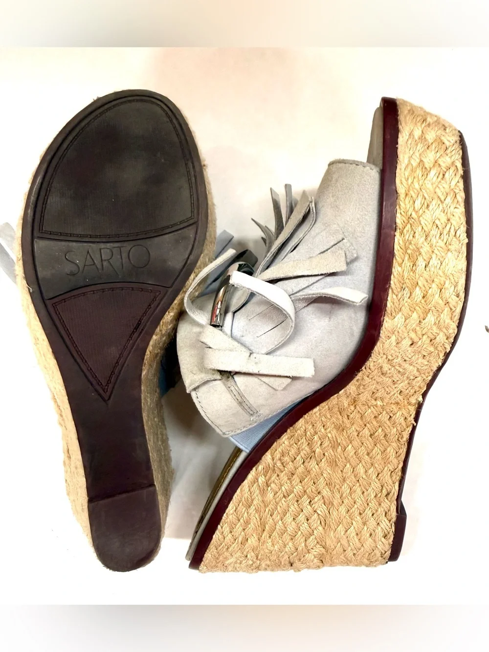 Franco Sarto Light Gray Suede Fringe Espadrille Wedge Mules size 8